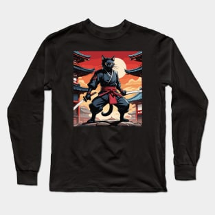 Obsidian Ninja: Black Cat Warrior in Fiery Red Attire Long Sleeve T-Shirt